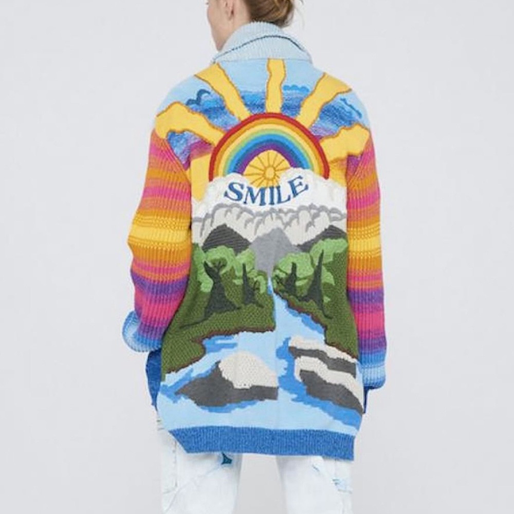 Stella McCartney Smile Kind Intarsia Zip Cardigan Sweater Blue Rainbow IT 36